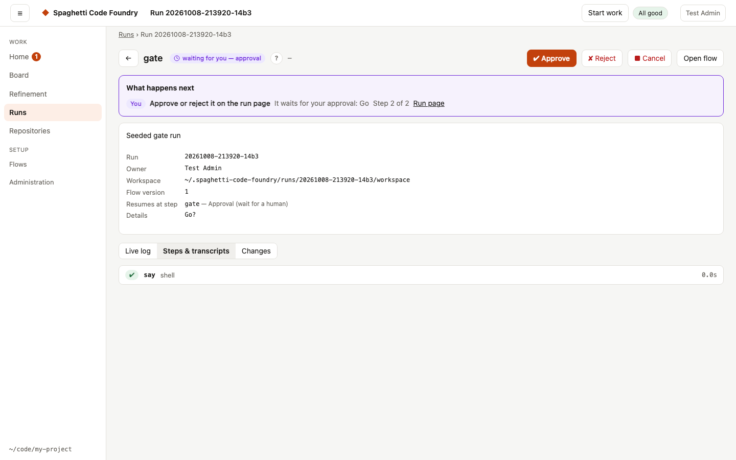 Steps and transcripts of a run