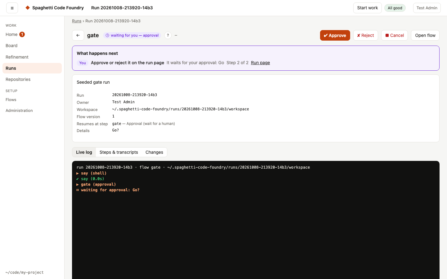 A run waiting for approval